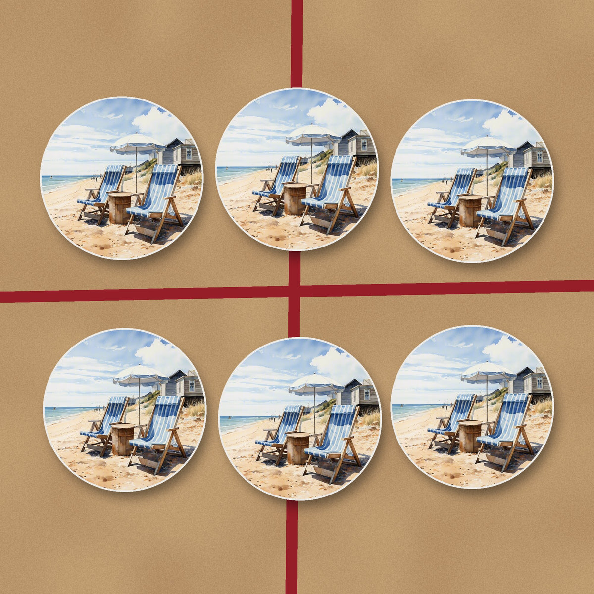 Striped Deckchairs by the Beach Hut round ceramic coasters on kraft gift wrap