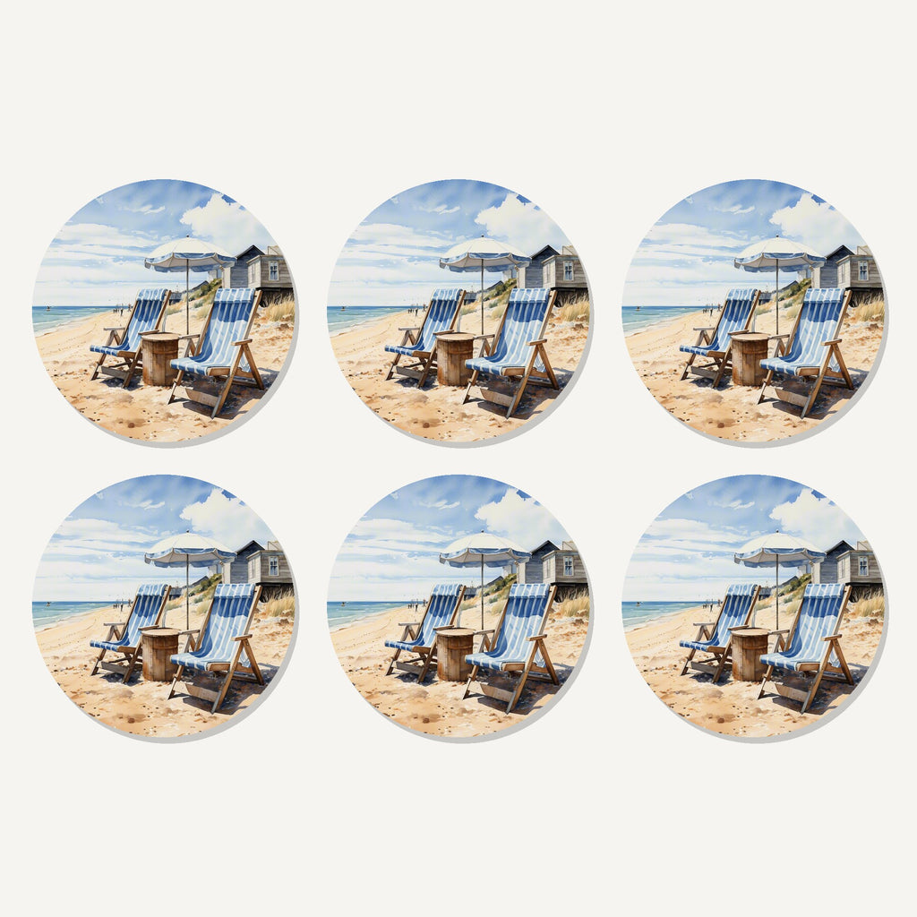 Flat lay of the striped deckchairs by the beach hut artwork on six round coasters