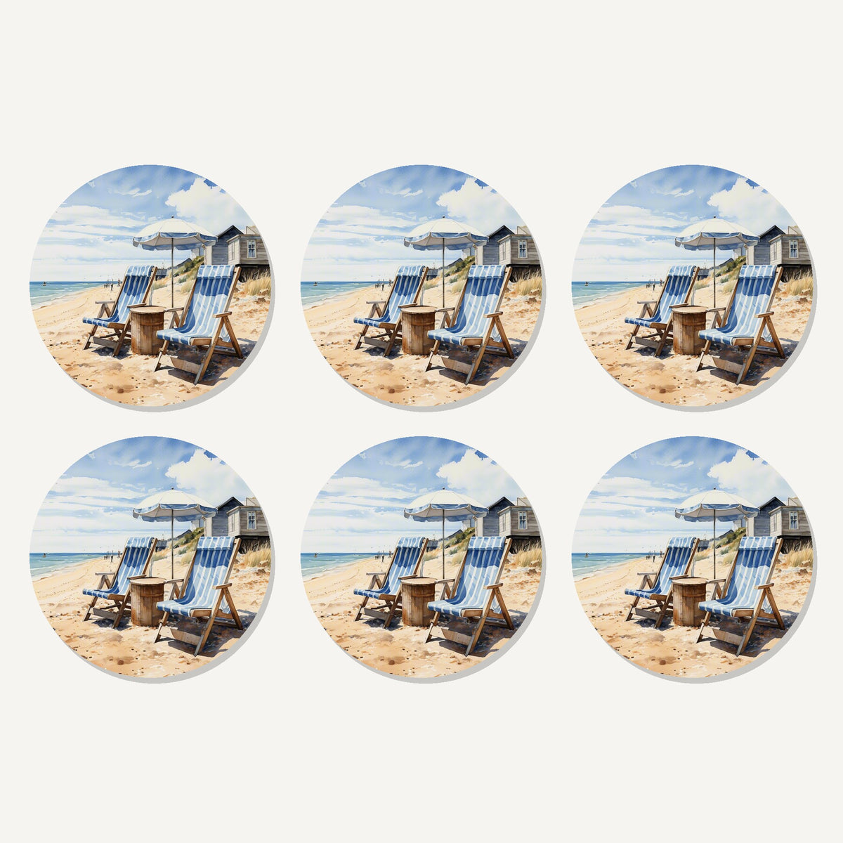 Flat lay of the striped deckchairs by the beach hut artwork on six round coasters