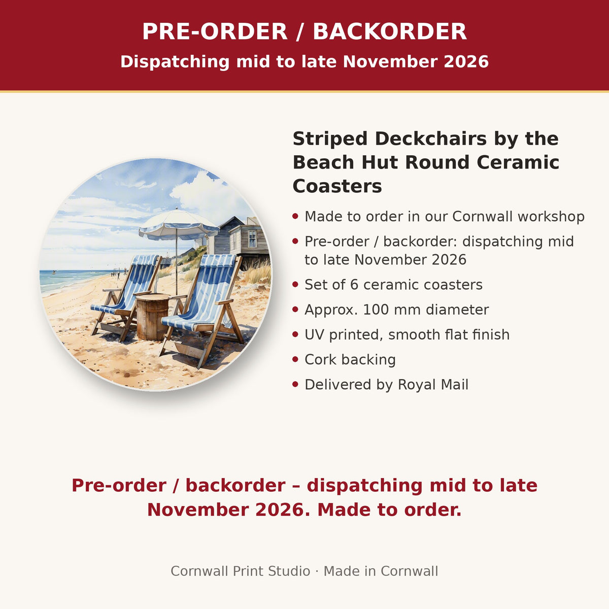 Info card: Striped Deckchairs by the Beach Hut Round Ceramic Coasters – Set of 6, made to order, dispatching mid to late November 2026, delivered by Royal Mail