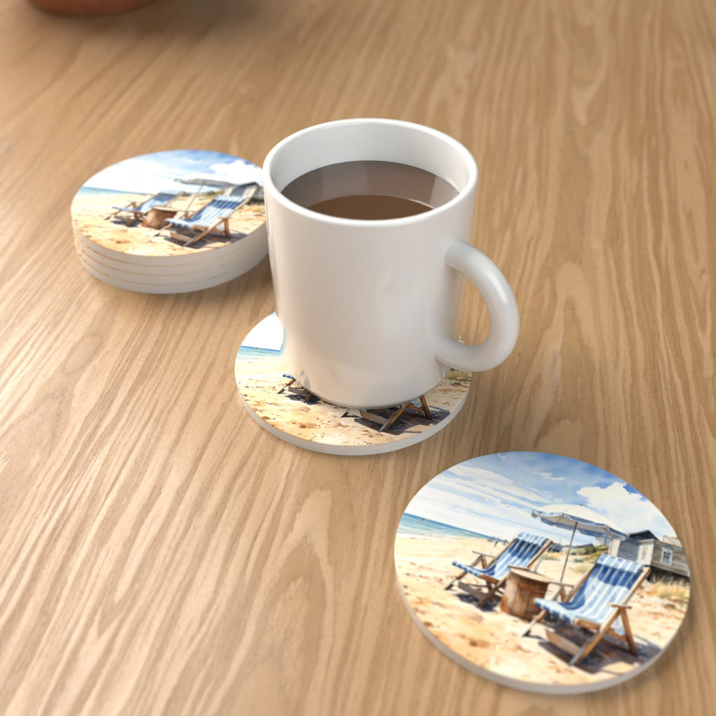 Striped Deckchairs by the Beach Hut Round Ceramic Coasters – Set of 6 – lifestyle mockup with a mug of coffee