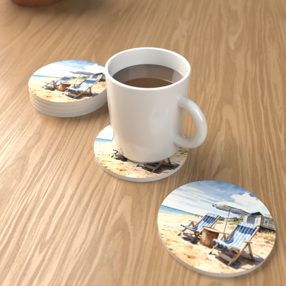 Striped Deckchairs by the Beach Hut Round Ceramic Coasters – Set of 6 – lifestyle mockup with a mug of coffee