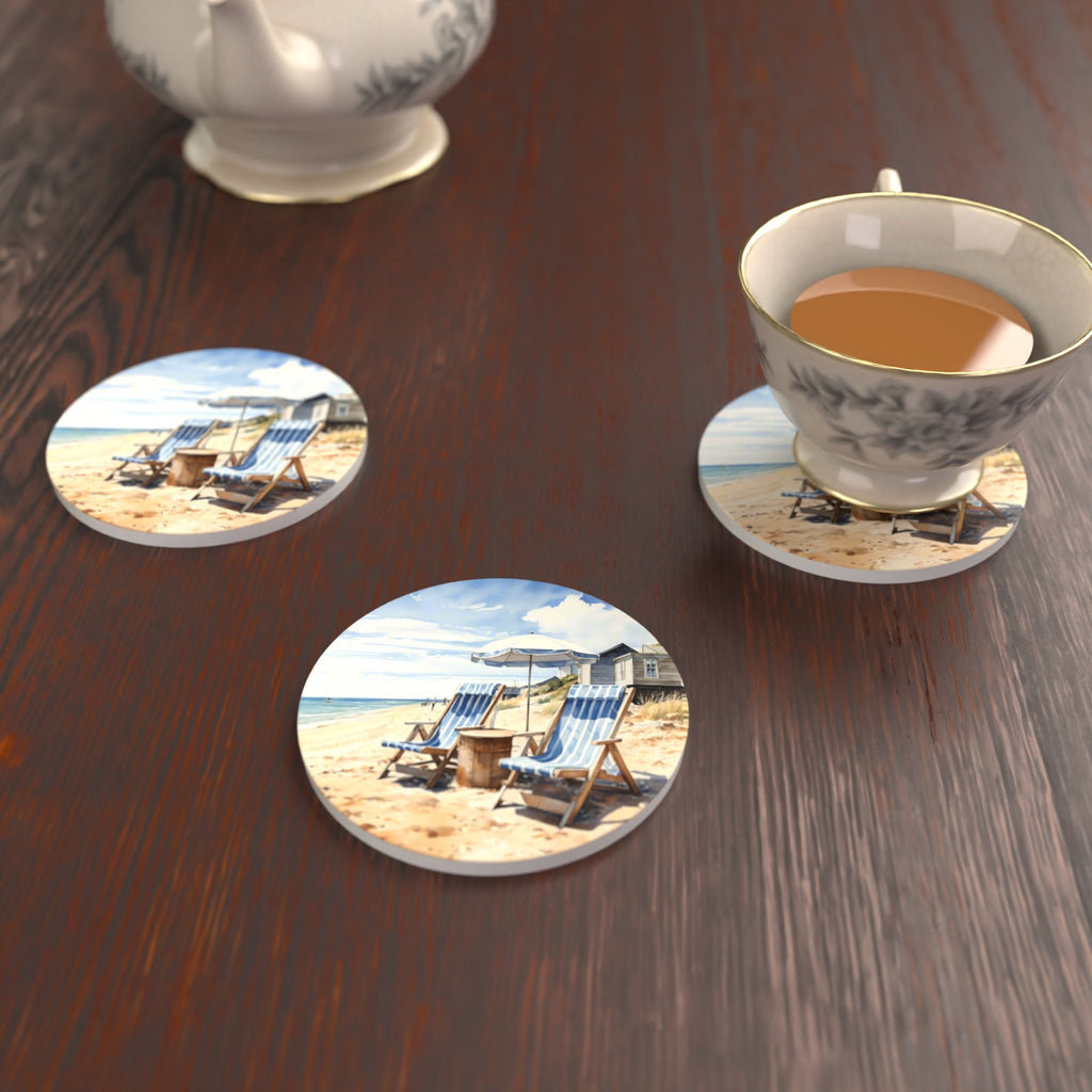 Striped Deckchairs by the Beach Hut Round Ceramic Coasters – Set of 6 – lifestyle mockup with a teacup