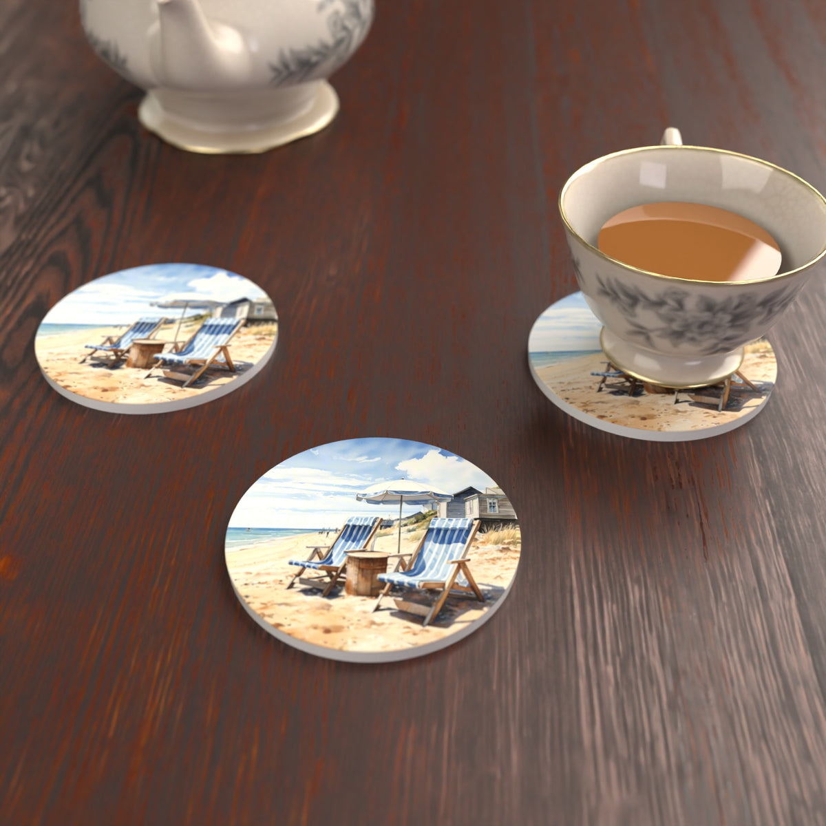 Striped Deckchairs by the Beach Hut Round Ceramic Coasters – Set of 6 – lifestyle mockup with a teacup
