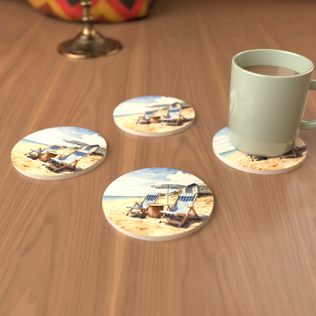 Striped Deckchairs by the Beach Hut Round Ceramic Coasters – Set of 6 – cosy lifestyle mockup