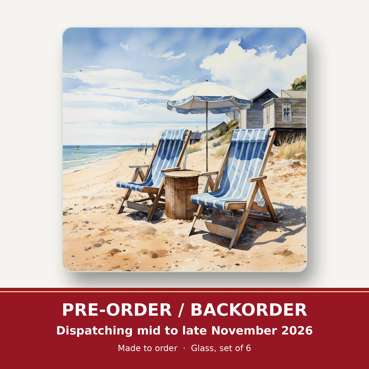 Striped Deckchairs by the Beach Hut square glass coaster set of 6 – pre-order / backorder, dispatching mid to late November 2026