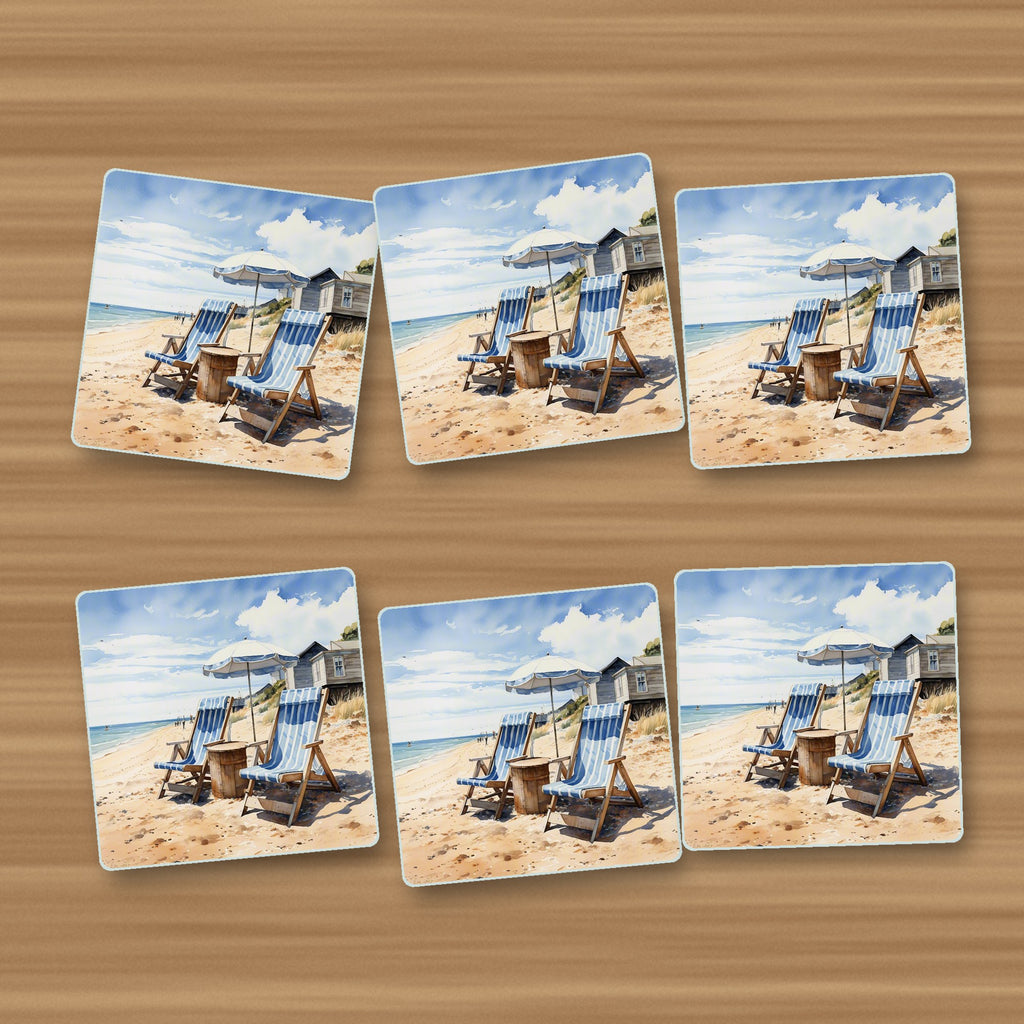 Striped Deckchairs by the Beach Hut square glass coasters, set of 6, on an oak coffee table
