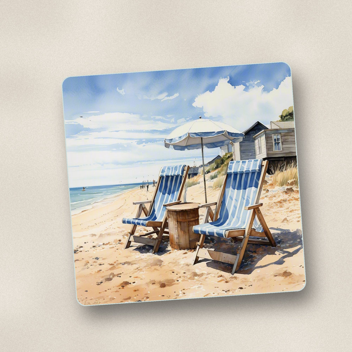 Close-up of one striped deckchairs by the beach hut square glass coaster, flat UV print