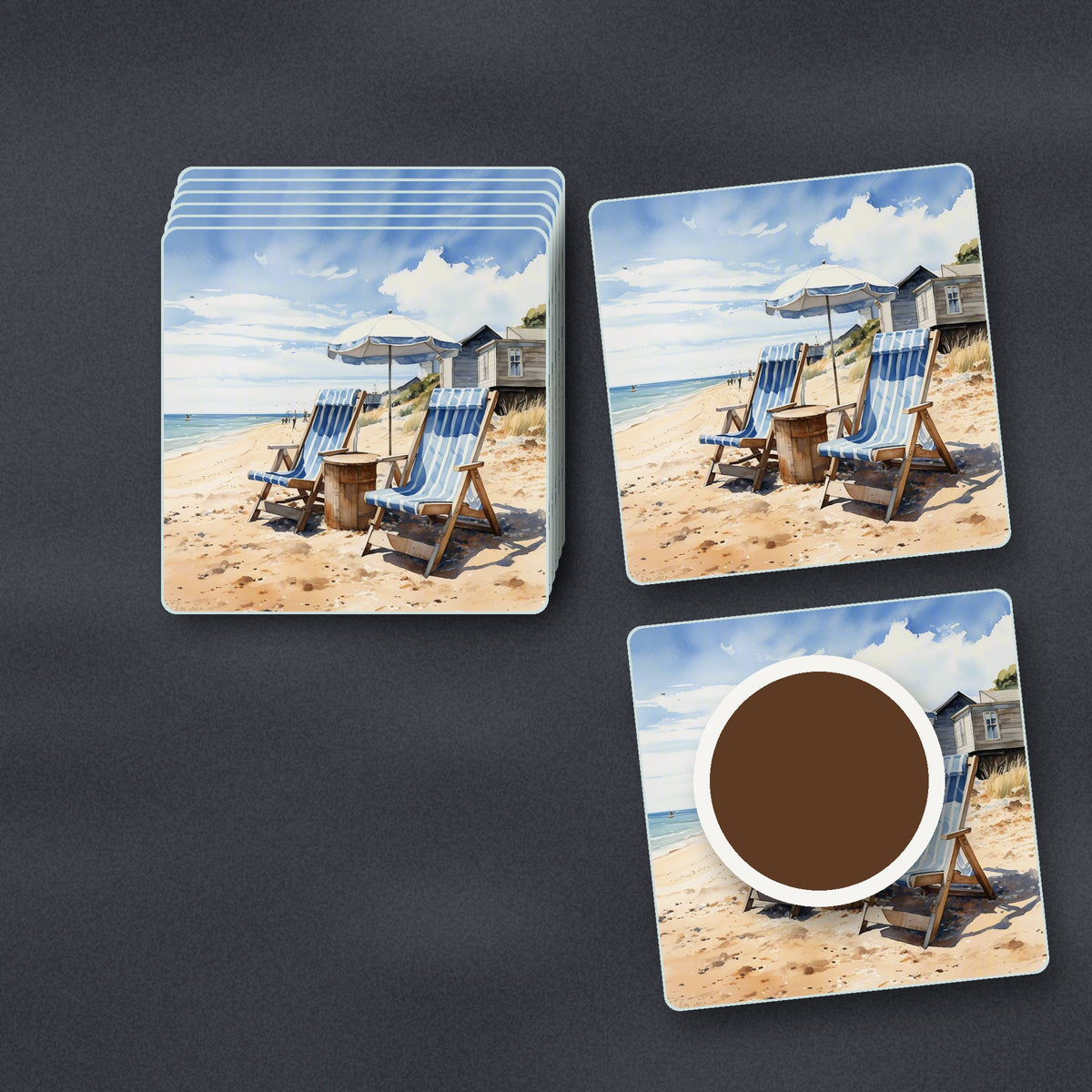 Striped Deckchairs by the Beach Hut square glass coasters stacked on a slate kitchen worktop