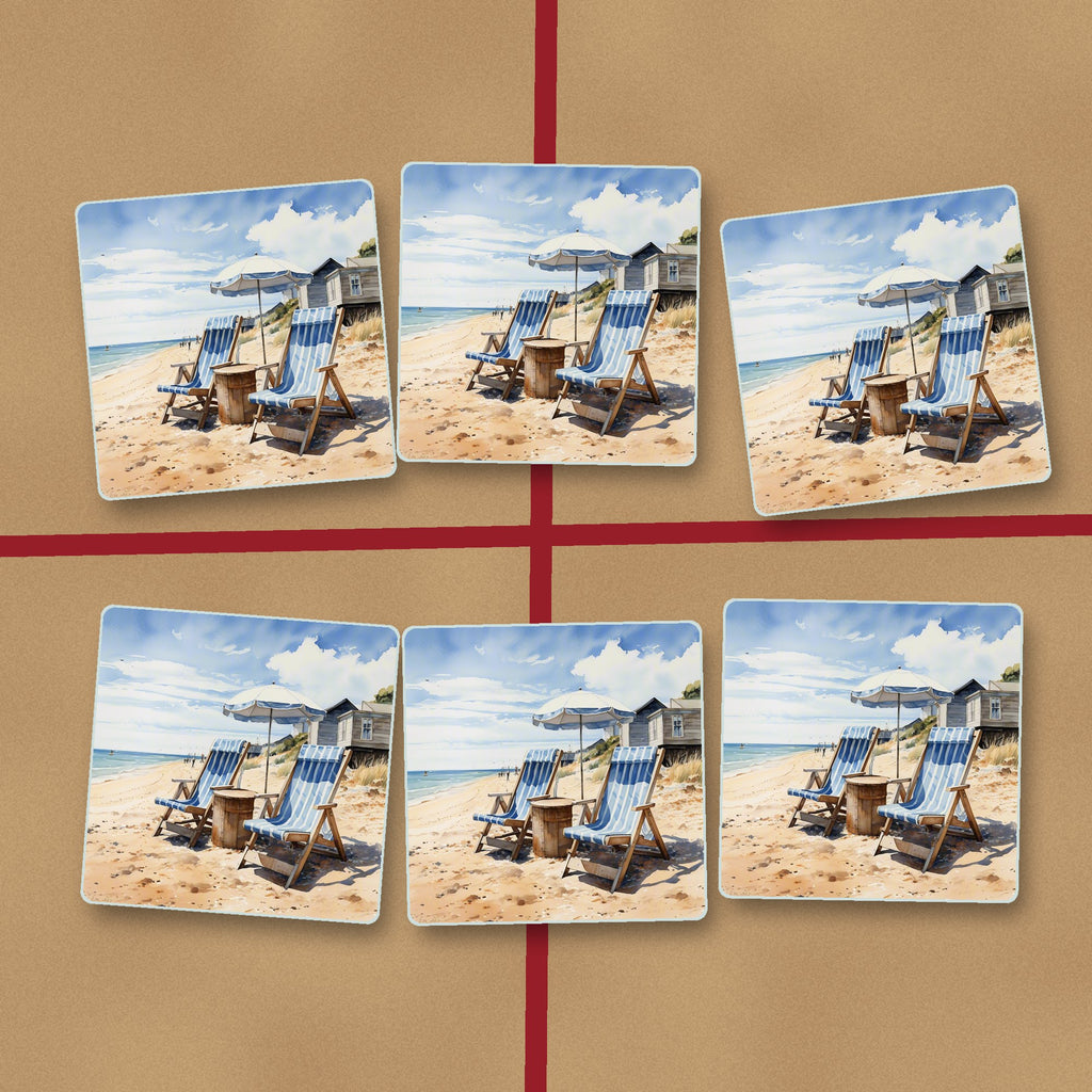 Striped Deckchairs by the Beach Hut square glass coasters on kraft gift wrap