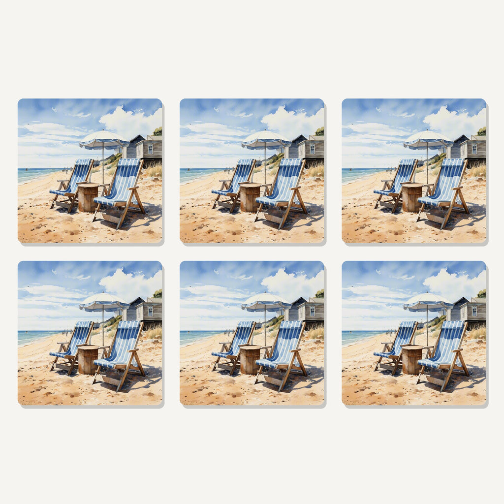 Flat lay of the striped deckchairs by the beach hut artwork on six square coasters