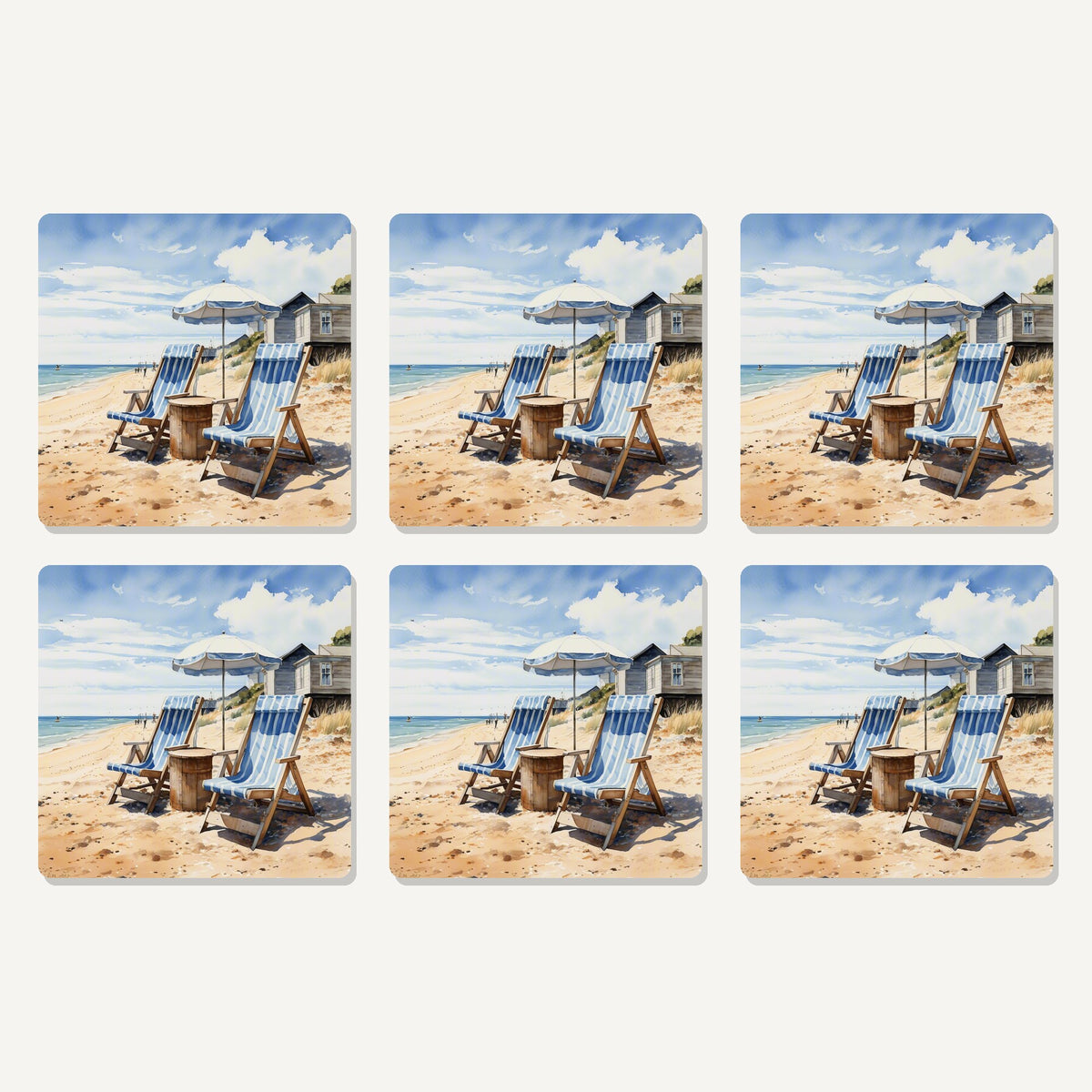 Flat lay of the striped deckchairs by the beach hut artwork on six square coasters