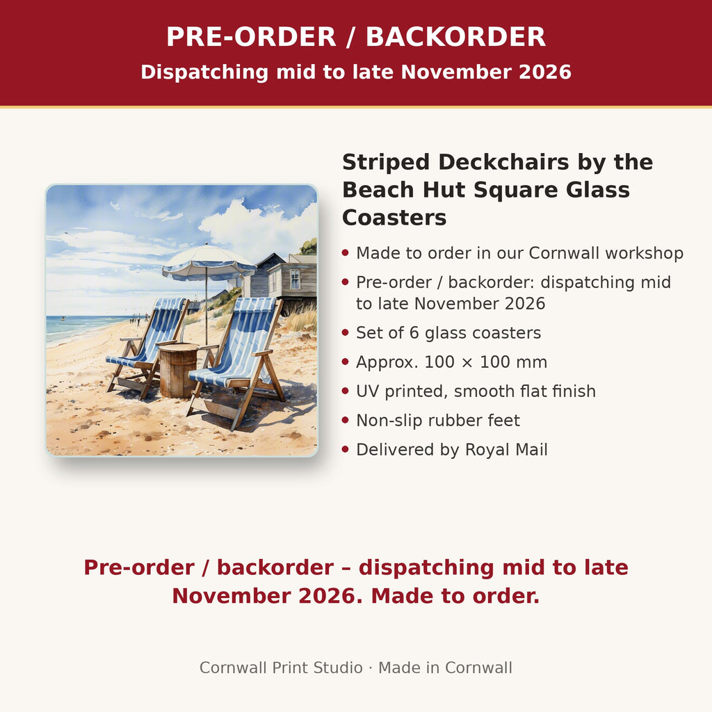 Info card: Striped Deckchairs by the Beach Hut Square Glass Coasters – Set of 6, made to order, dispatching mid to late November 2026, delivered by Royal Mail