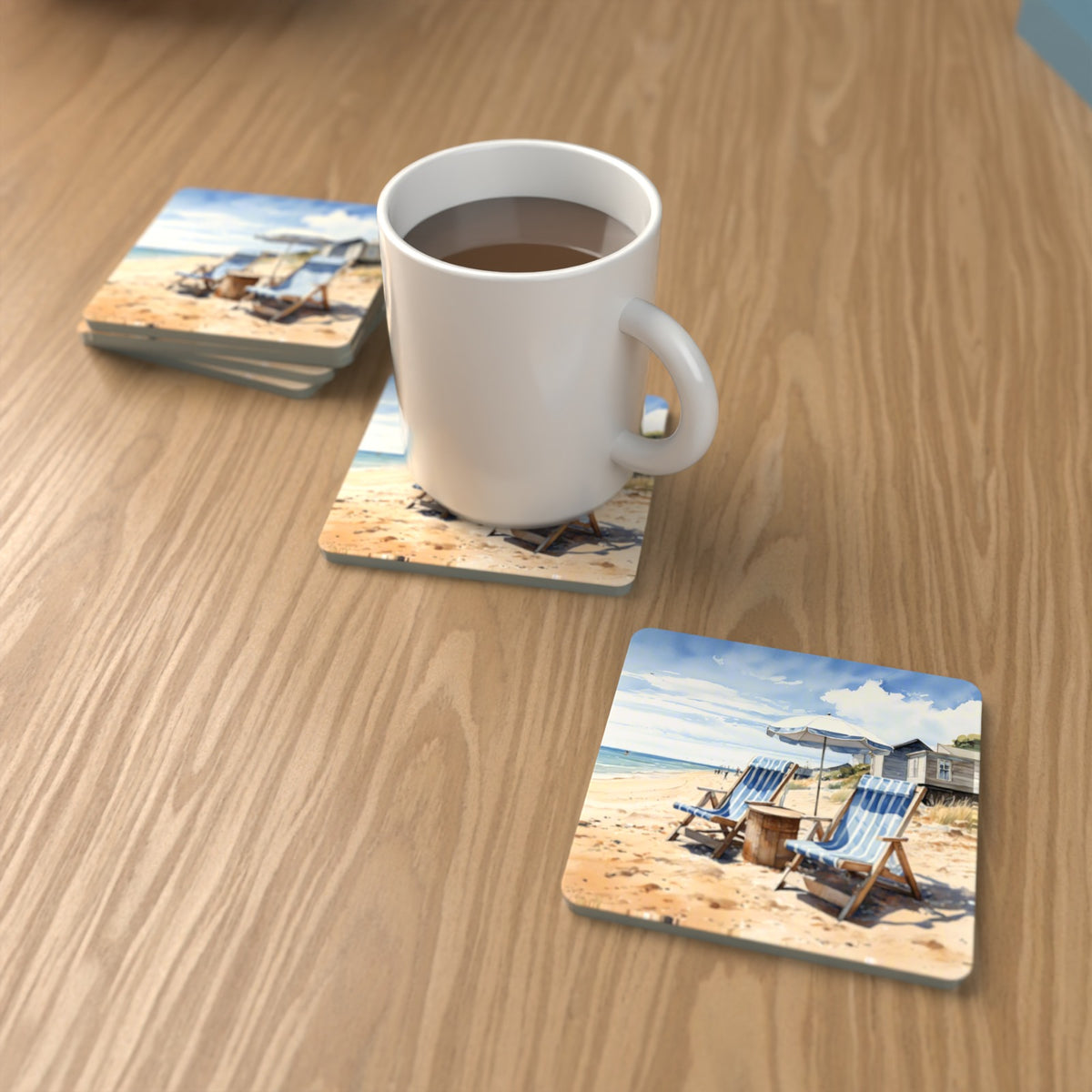 Striped Deckchairs by the Beach Hut Square Glass Coasters – Set of 6 – lifestyle mockup with a mug of coffee