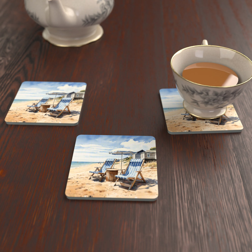 Striped Deckchairs by the Beach Hut Square Glass Coasters – Set of 6 – lifestyle mockup with a teacup