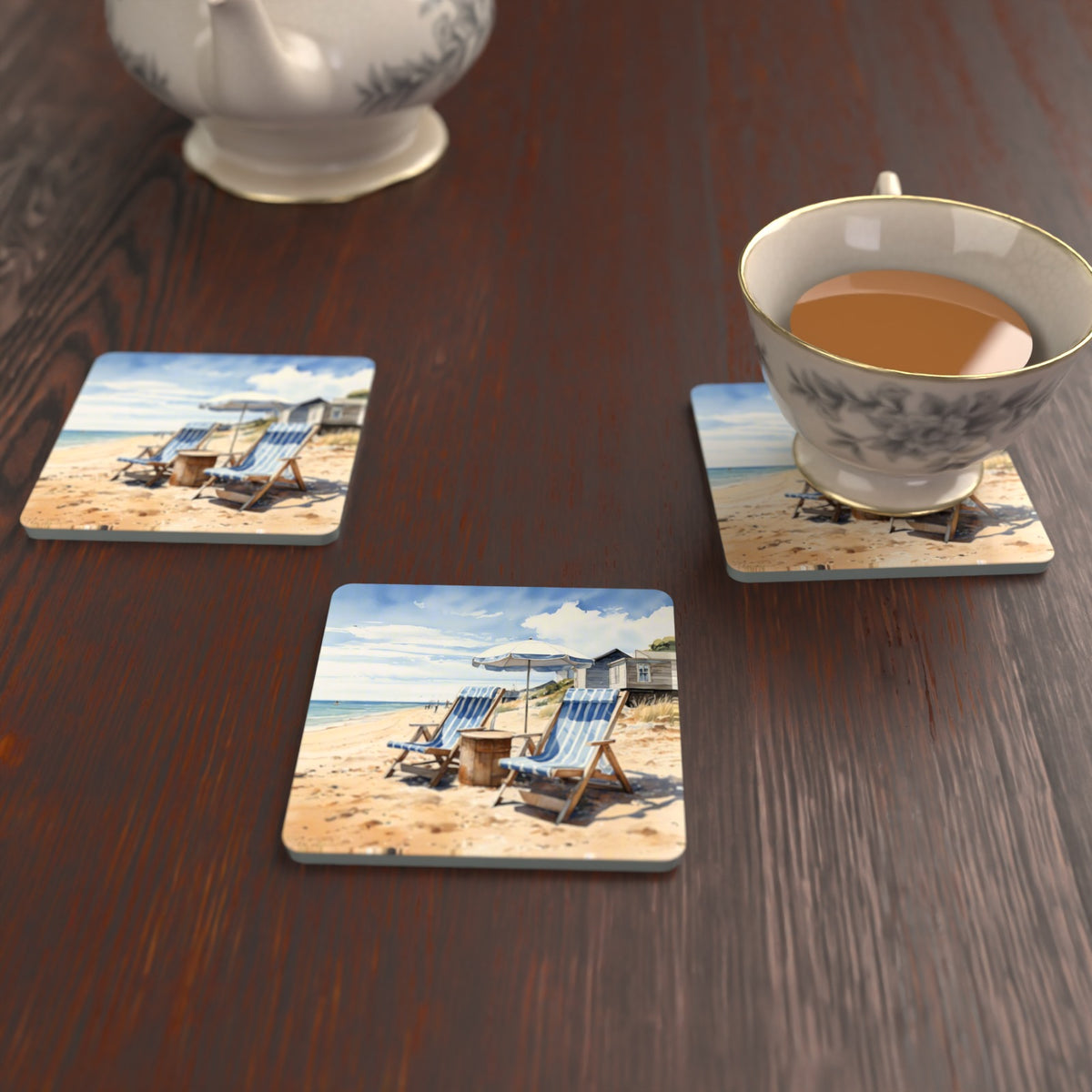 Striped Deckchairs by the Beach Hut Square Glass Coasters – Set of 6 – lifestyle mockup with a teacup