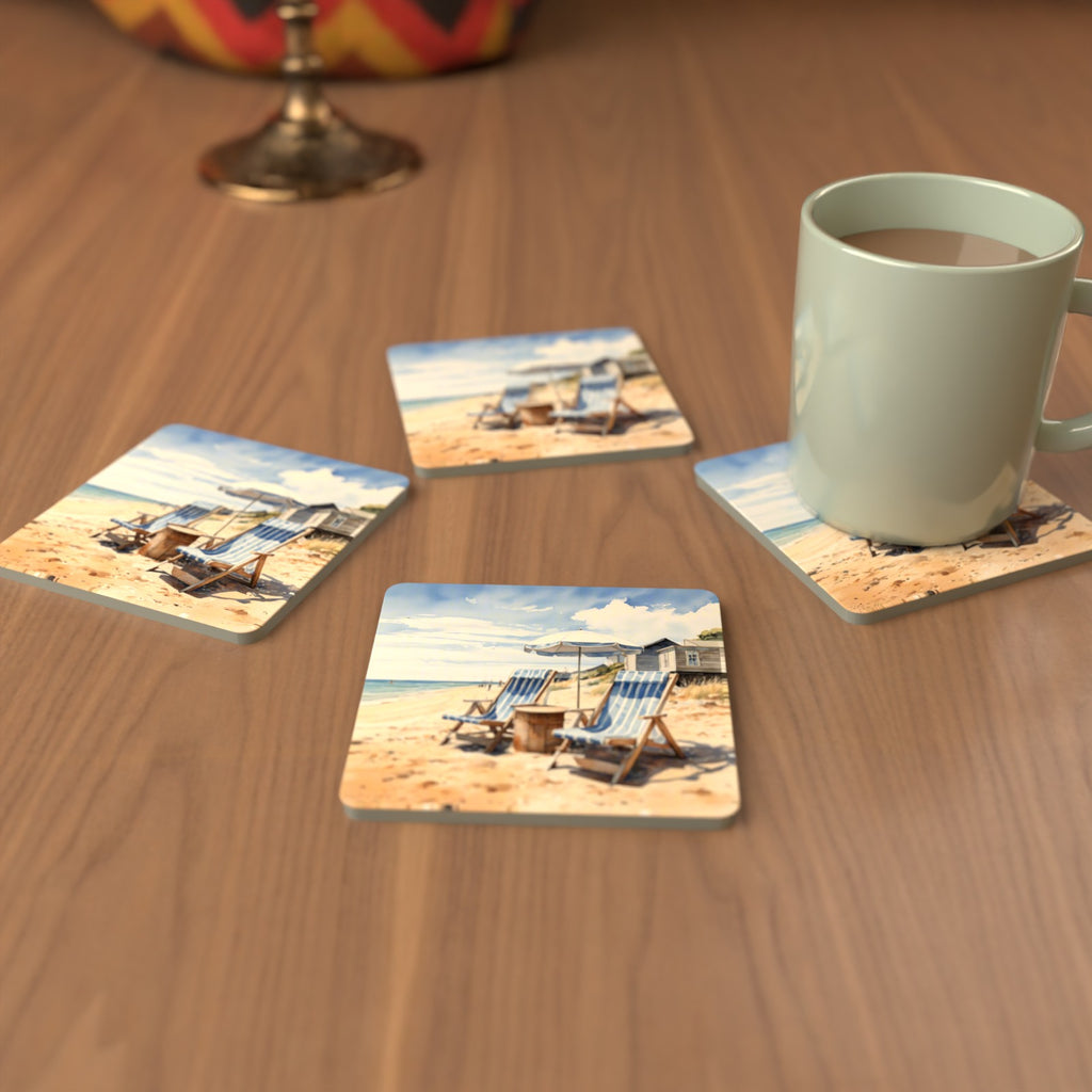 Striped Deckchairs by the Beach Hut Square Glass Coasters – Set of 6 – cosy lifestyle mockup