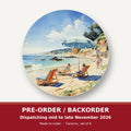 Beach Day with a Blue Parasol round ceramic coaster set of 6 – pre-order / backorder, dispatching mid to late November 2026