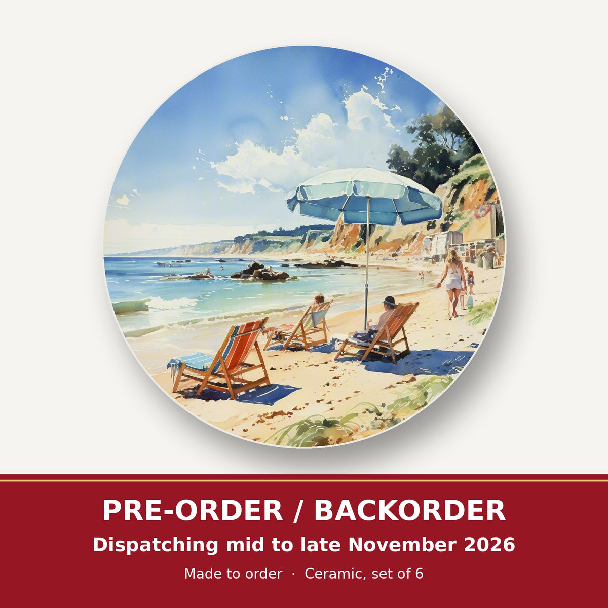 Beach Day with a Blue Parasol round ceramic coaster set of 6 – pre-order / backorder, dispatching mid to late November 2026