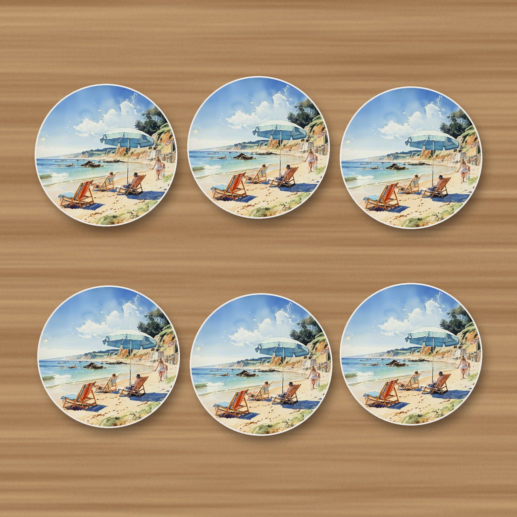 Beach Day with a Blue Parasol round ceramic coasters, set of 6, on an oak coffee table