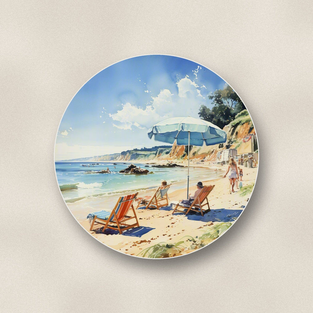Close-up of one beach day with a blue parasol round ceramic coaster, flat UV print