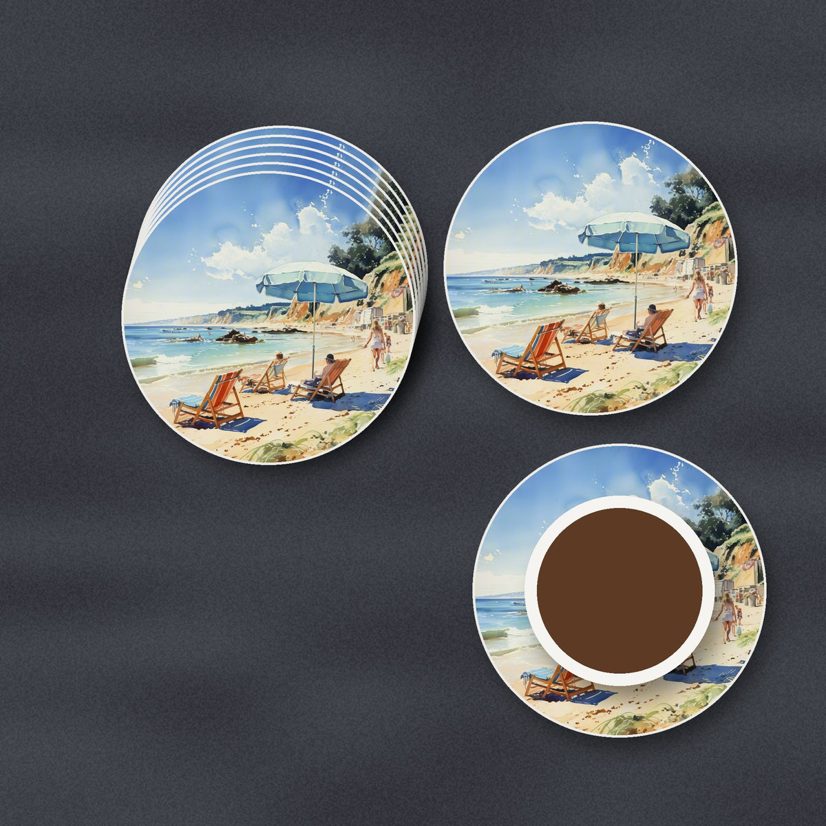 Beach Day with a Blue Parasol round ceramic coasters stacked on a slate kitchen worktop