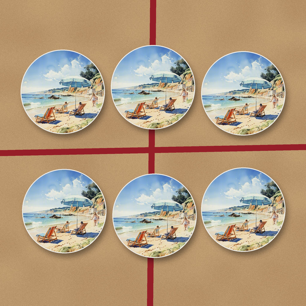 Beach Day with a Blue Parasol round ceramic coasters on kraft gift wrap