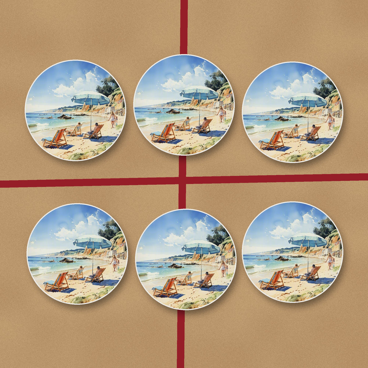 Beach Day with a Blue Parasol round ceramic coasters on kraft gift wrap