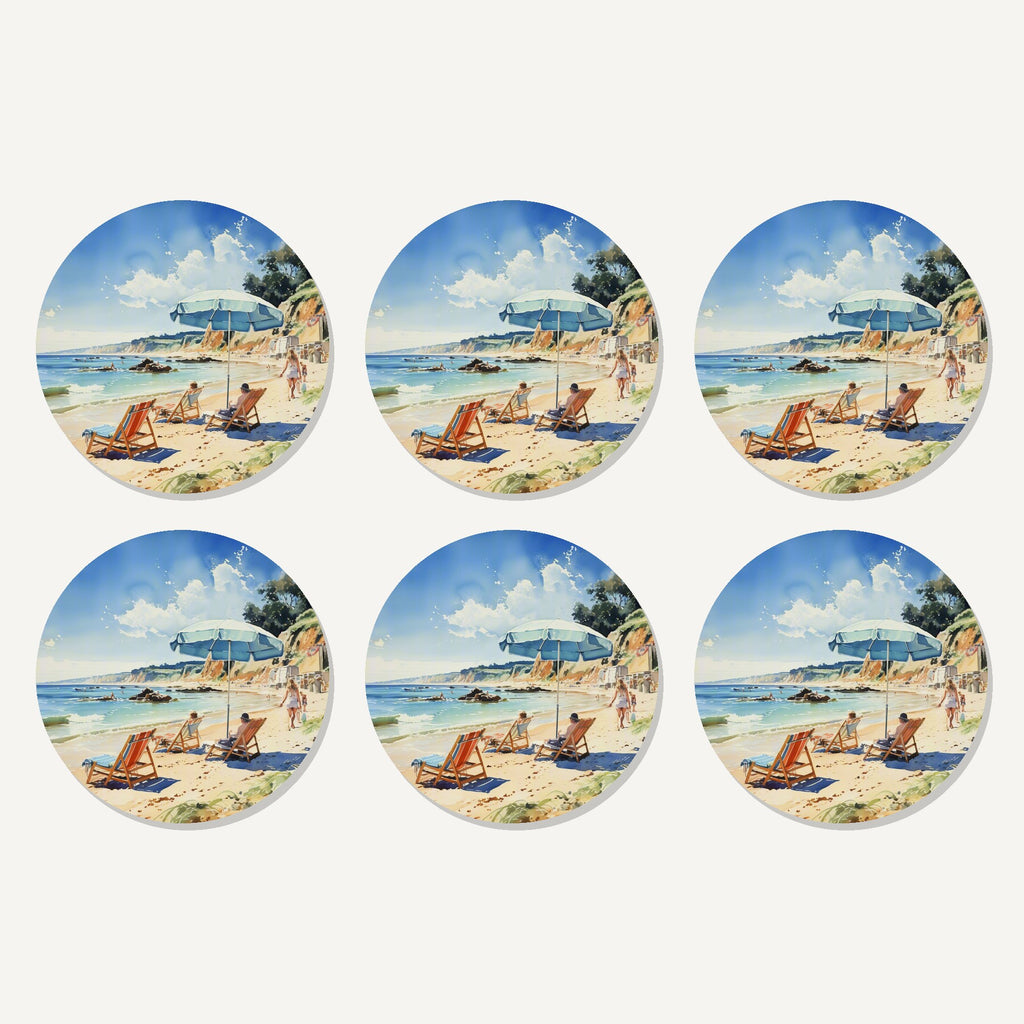 Flat lay of the beach day with a blue parasol artwork on six round coasters
