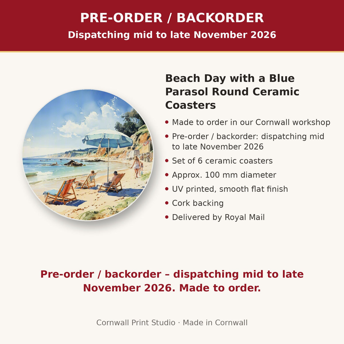 Info card: Beach Day with a Blue Parasol Round Ceramic Coasters – Set of 6, made to order, dispatching mid to late November 2026, delivered by Royal Mail