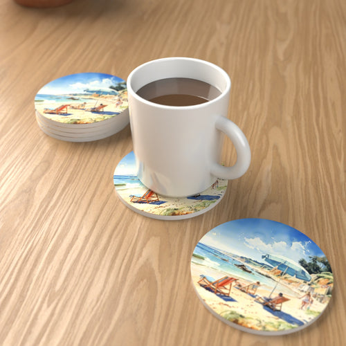 Beach Day with a Blue Parasol Round Ceramic Coasters – Set of 6 – lifestyle mockup with a mug of coffee