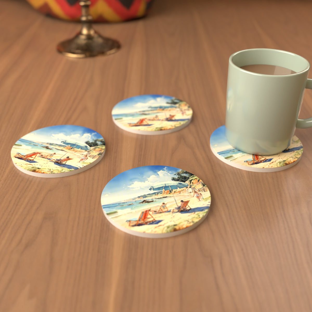 Beach Day with a Blue Parasol Round Ceramic Coasters – Set of 6 – cosy lifestyle mockup