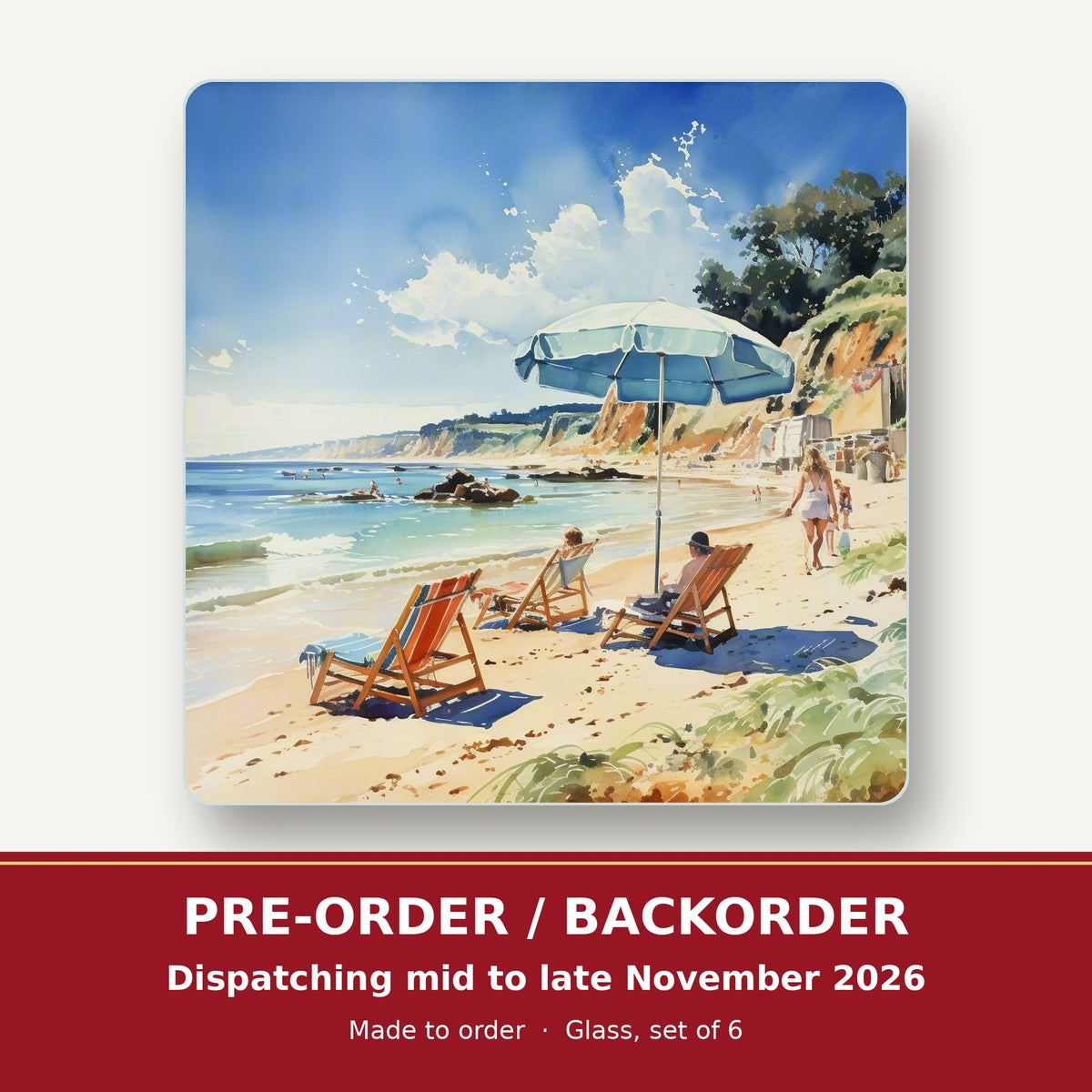 Beach Day with a Blue Parasol square glass coaster set of 6 – pre-order / backorder, dispatching mid to late November 2026