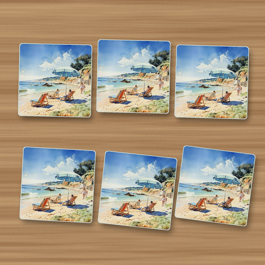 Beach Day with a Blue Parasol square glass coasters, set of 6, on an oak coffee table