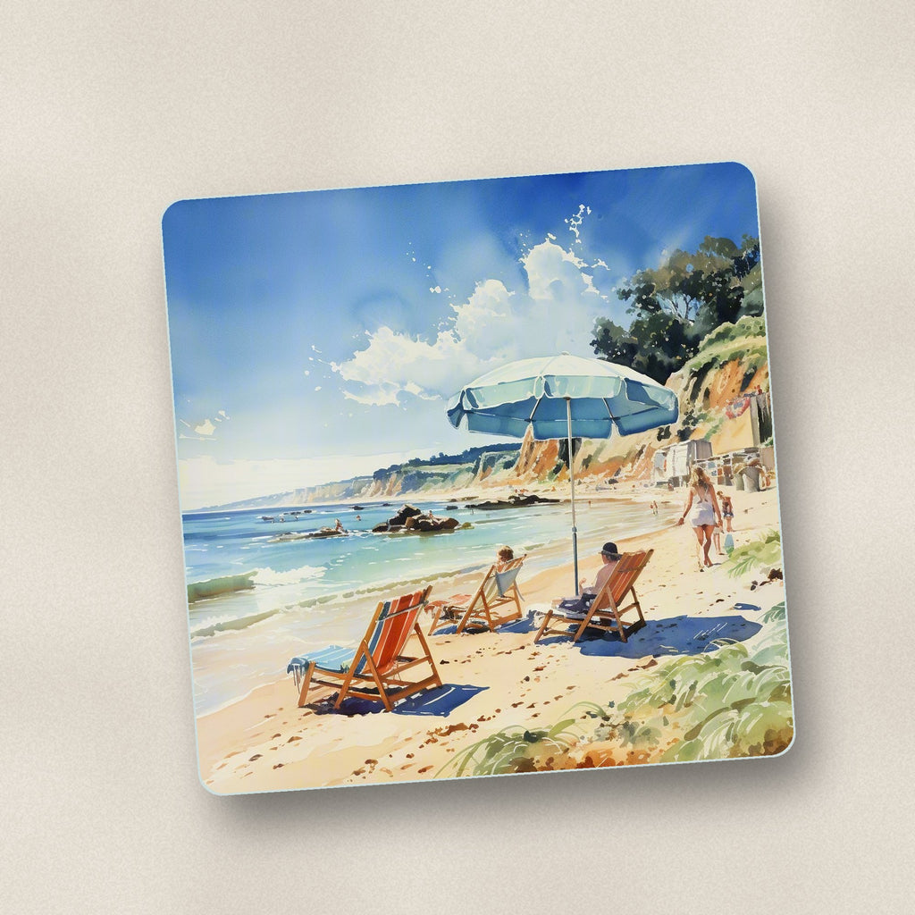 Close-up of one beach day with a blue parasol square glass coaster, flat UV print