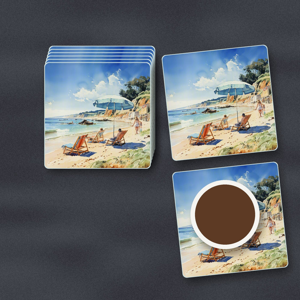Beach Day with a Blue Parasol square glass coasters stacked on a slate kitchen worktop