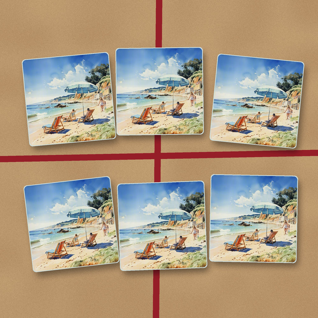 Beach Day with a Blue Parasol square glass coasters on kraft gift wrap