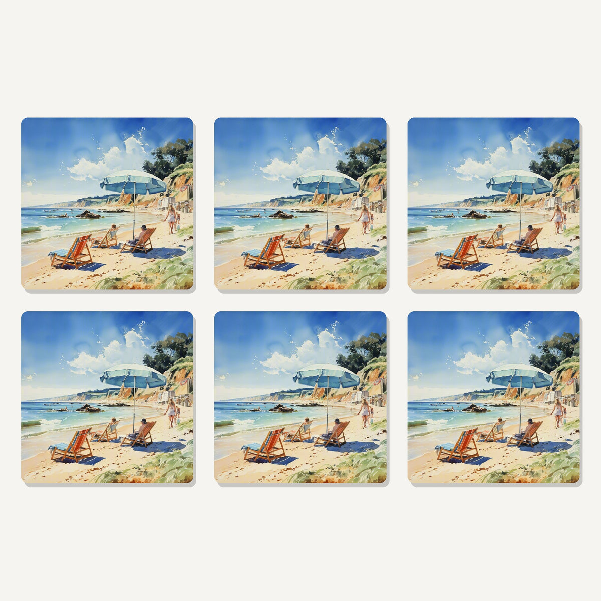 Flat lay of the beach day with a blue parasol artwork on six square coasters