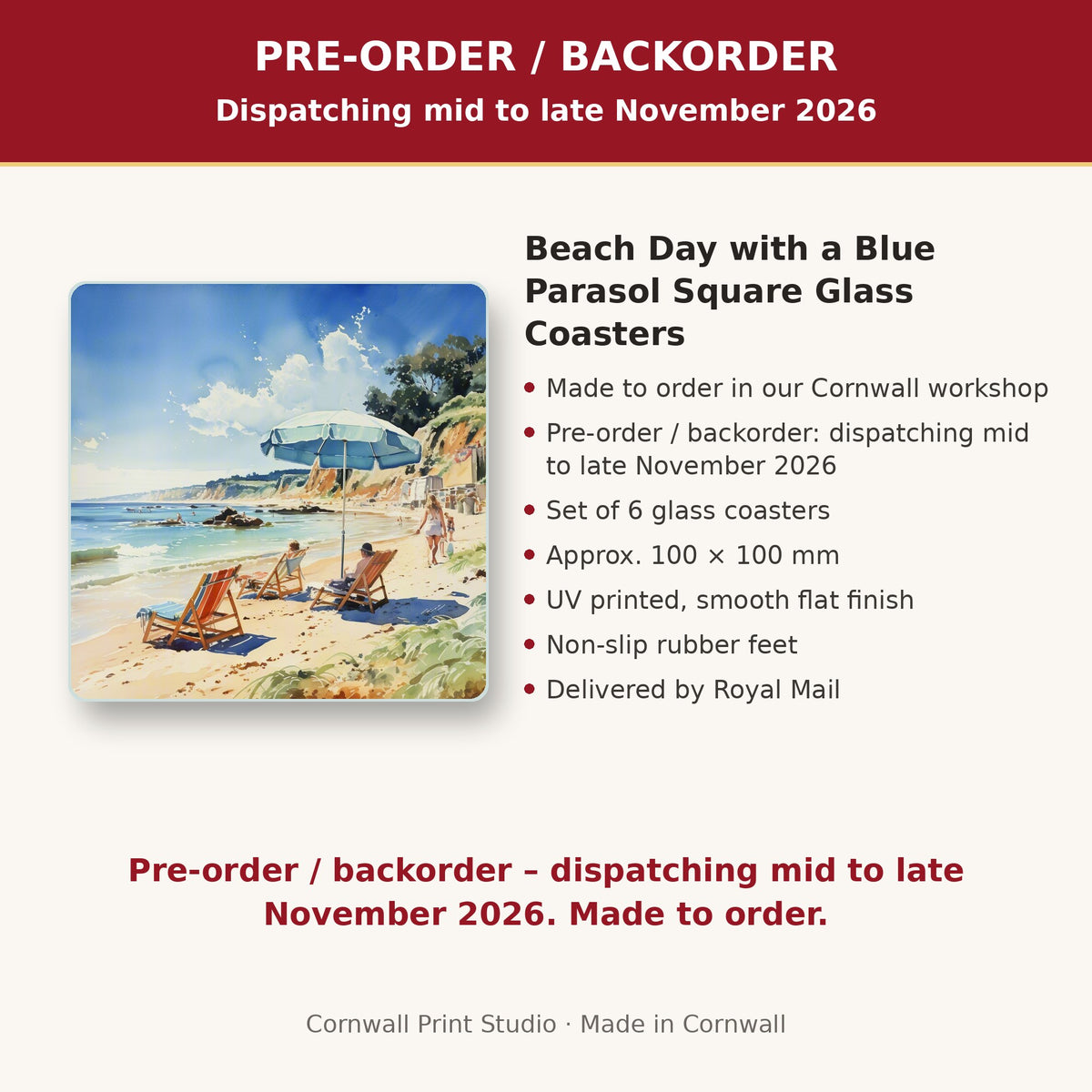 Info card: Beach Day with a Blue Parasol Square Glass Coasters – Set of 6, made to order, dispatching mid to late November 2026, delivered by Royal Mail