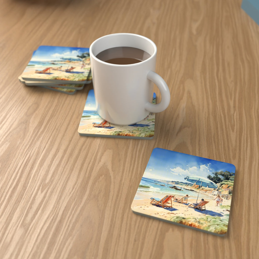 Beach Day with a Blue Parasol Square Glass Coasters – Set of 6 – lifestyle mockup with a mug of coffee