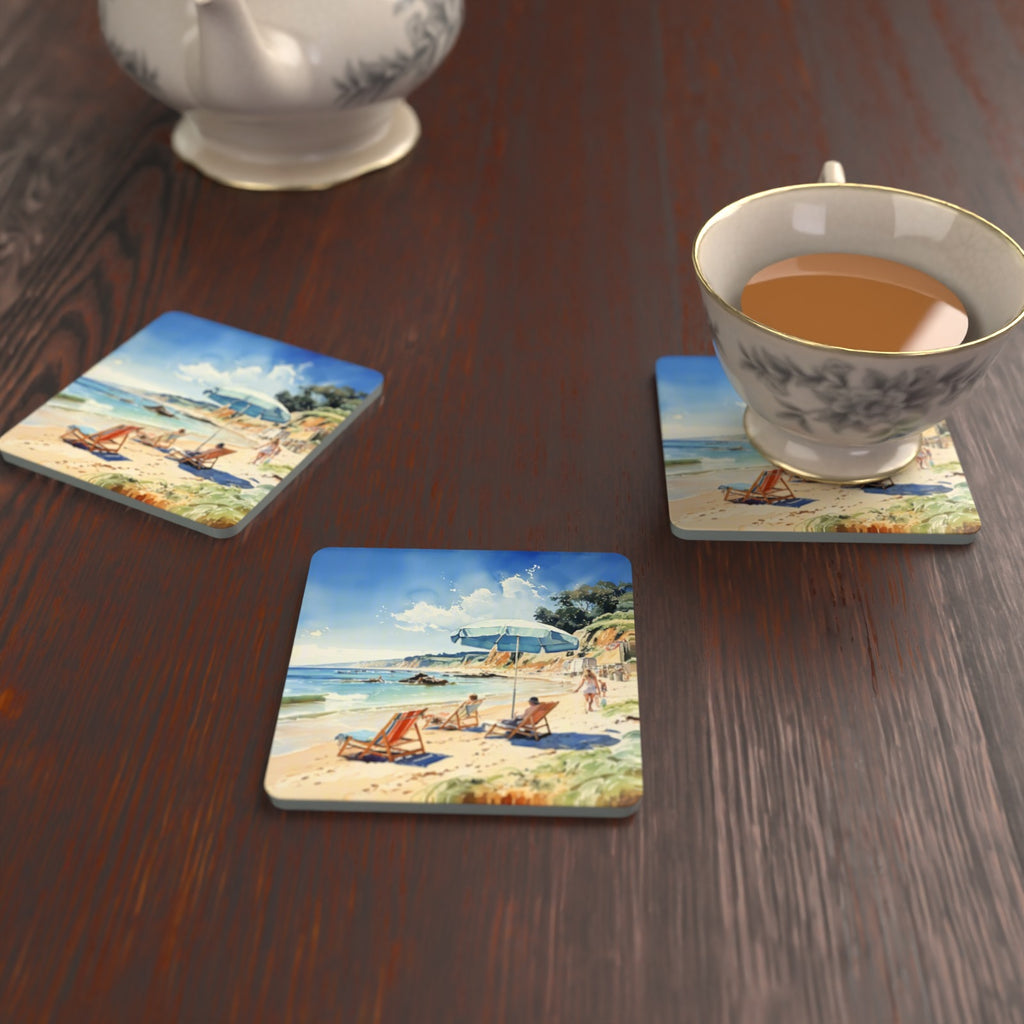 Beach Day with a Blue Parasol Square Glass Coasters – Set of 6 – lifestyle mockup with a teacup