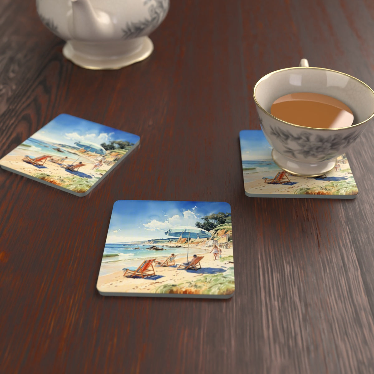 Beach Day with a Blue Parasol Square Glass Coasters – Set of 6 – lifestyle mockup with a teacup