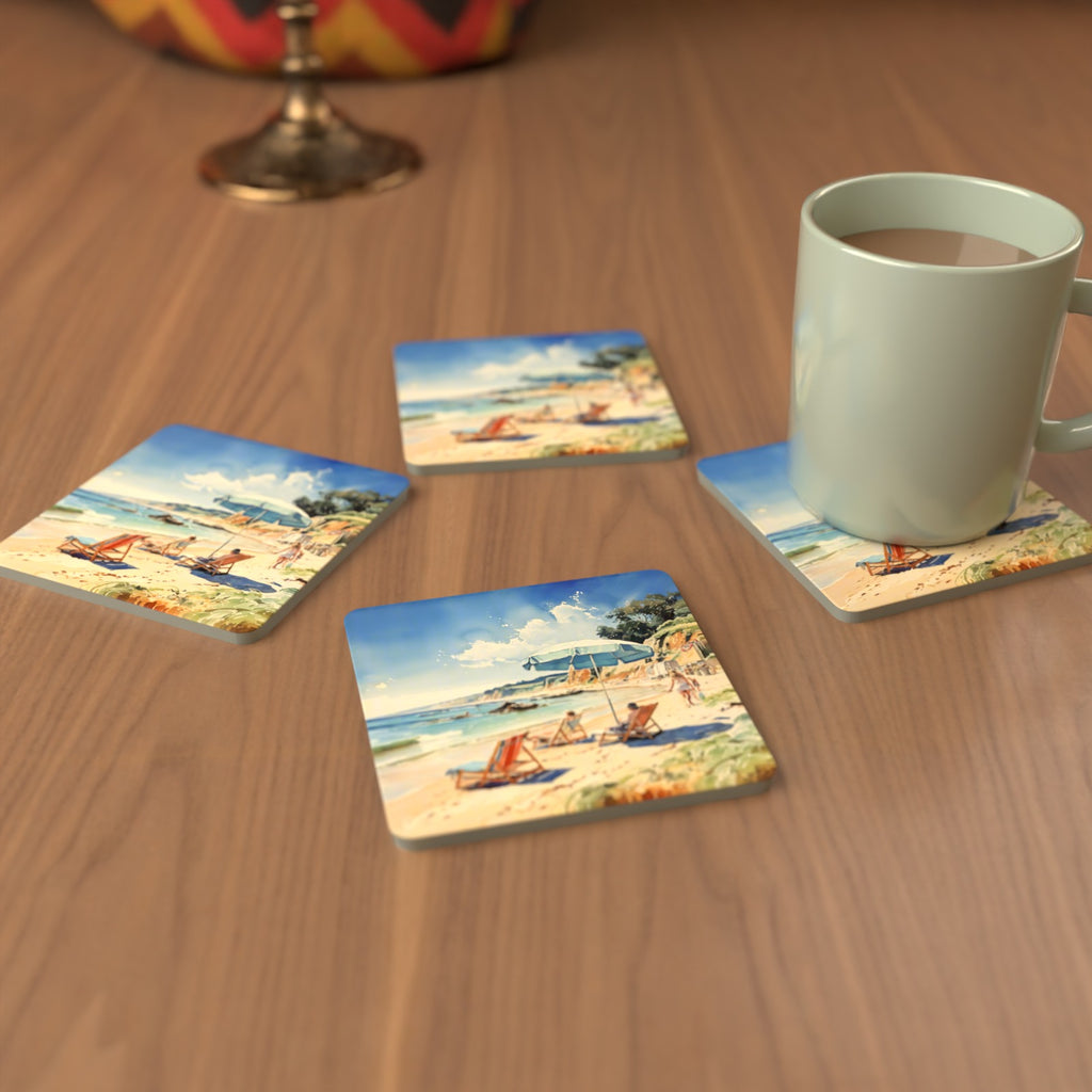 Beach Day with a Blue Parasol Square Glass Coasters – Set of 6 – cosy lifestyle mockup
