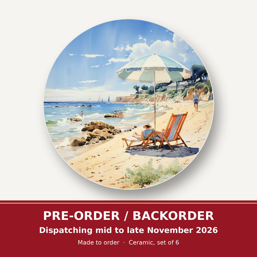Seaside Parasol & Deckchairs round ceramic coaster set of 6 – pre-order / backorder, dispatching mid to late November 2026