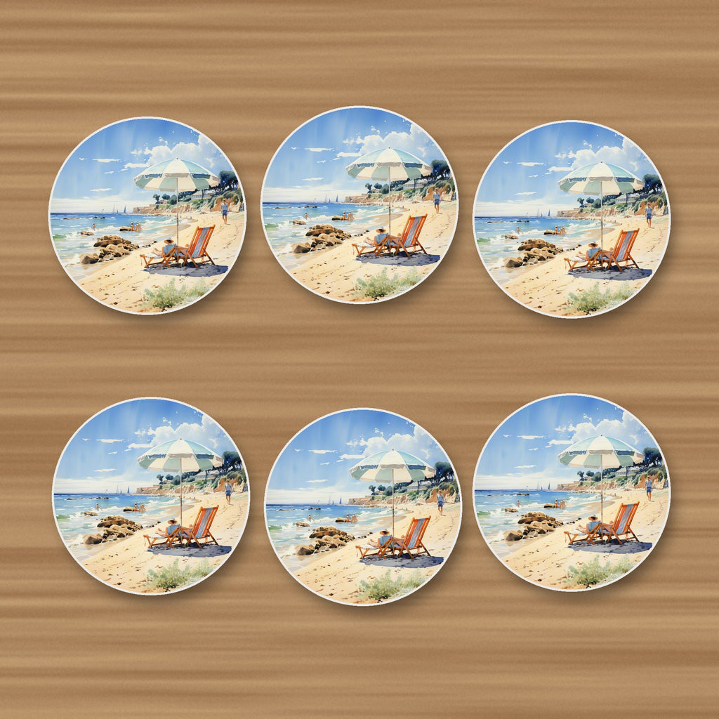 Seaside Parasol & Deckchairs round ceramic coasters, set of 6, on an oak coffee table