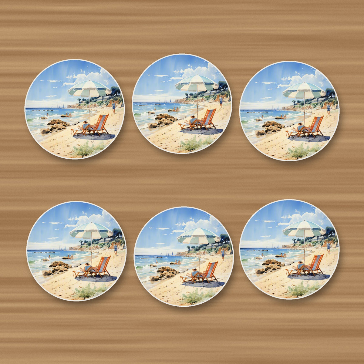 Seaside Parasol & Deckchairs round ceramic coasters, set of 6, on an oak coffee table