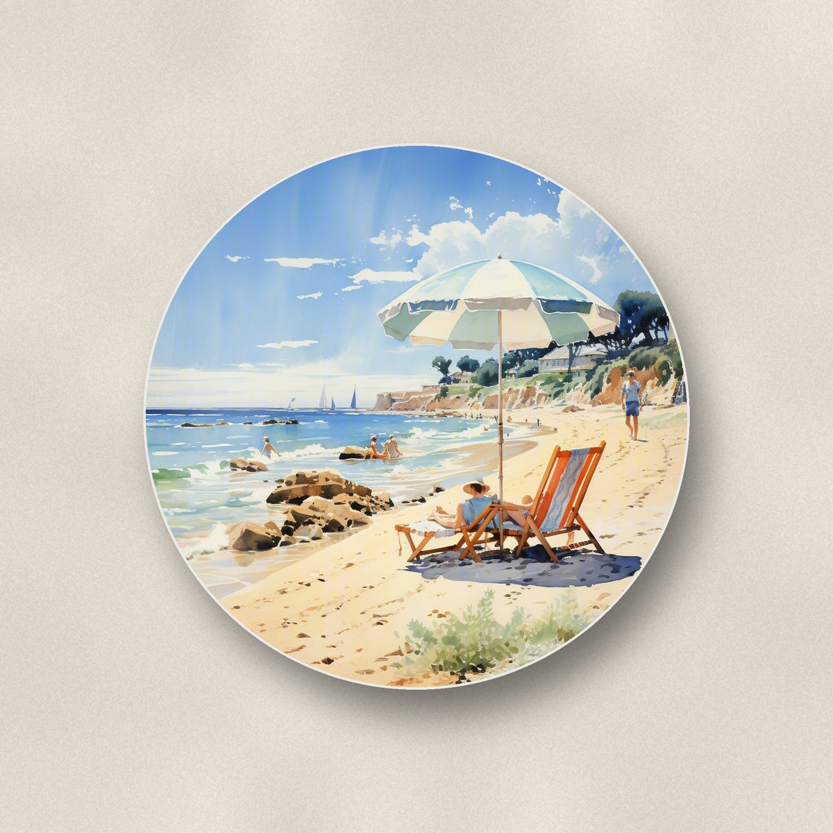 Close-up of one seaside parasol & deckchairs round ceramic coaster, flat UV print