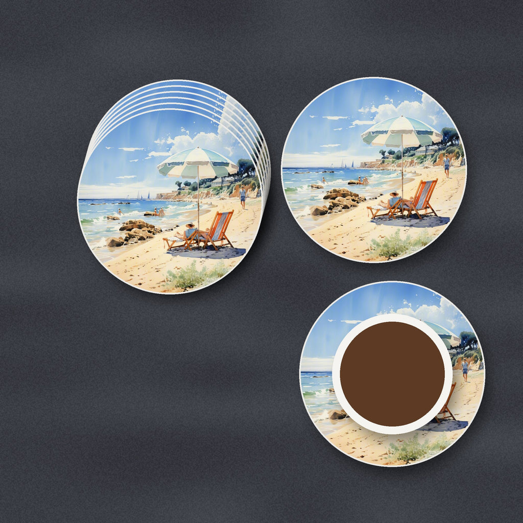 Seaside Parasol & Deckchairs round ceramic coasters stacked on a slate kitchen worktop