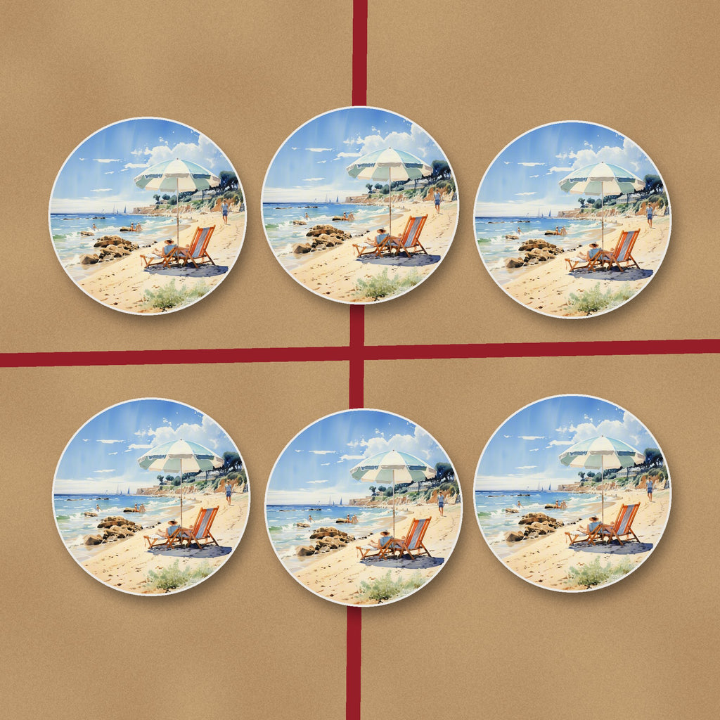 Seaside Parasol & Deckchairs round ceramic coasters on kraft gift wrap