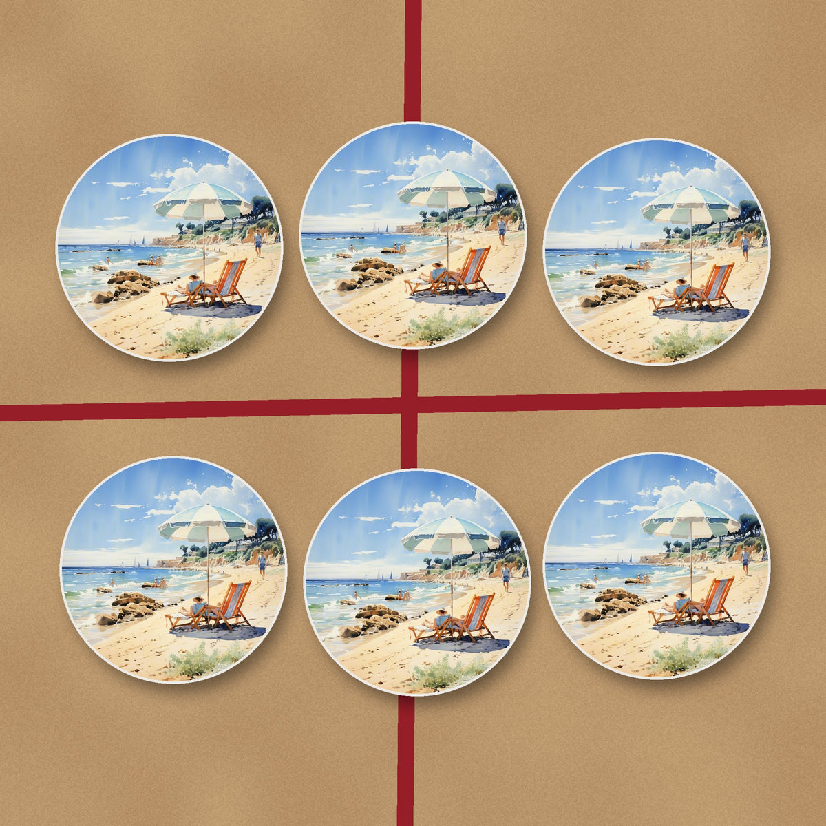 Seaside Parasol & Deckchairs round ceramic coasters on kraft gift wrap